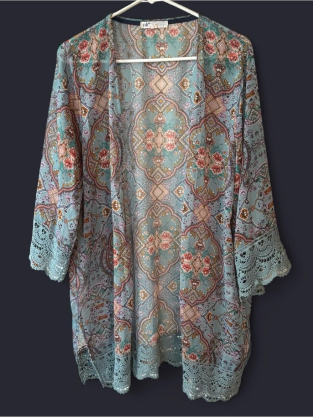 Jolt Boho Floral Lace-Trim Kimono - Aqua Multi